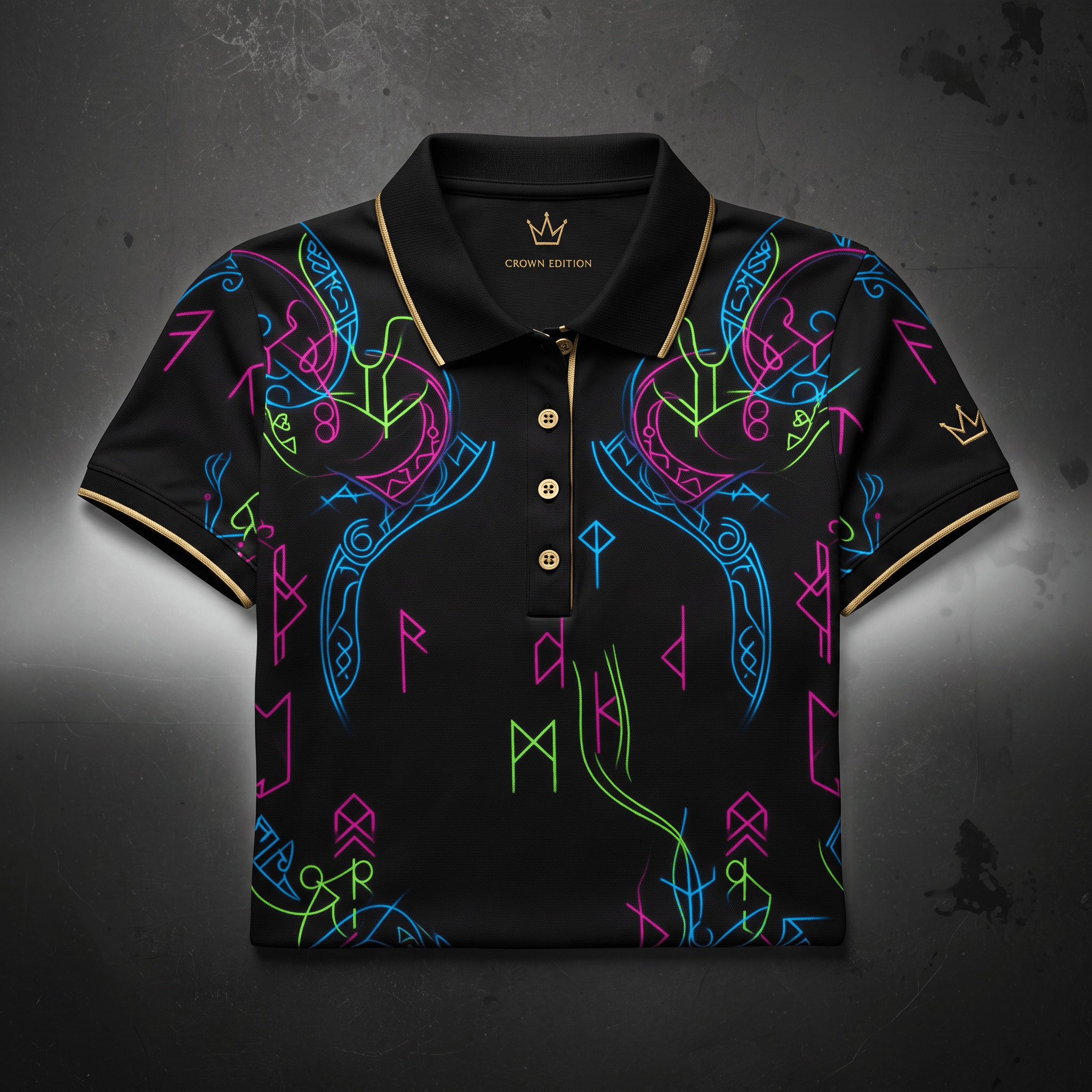 Black polo shirt with neon rune patterns, gold trim on collar and sleeves, and gold buttons.