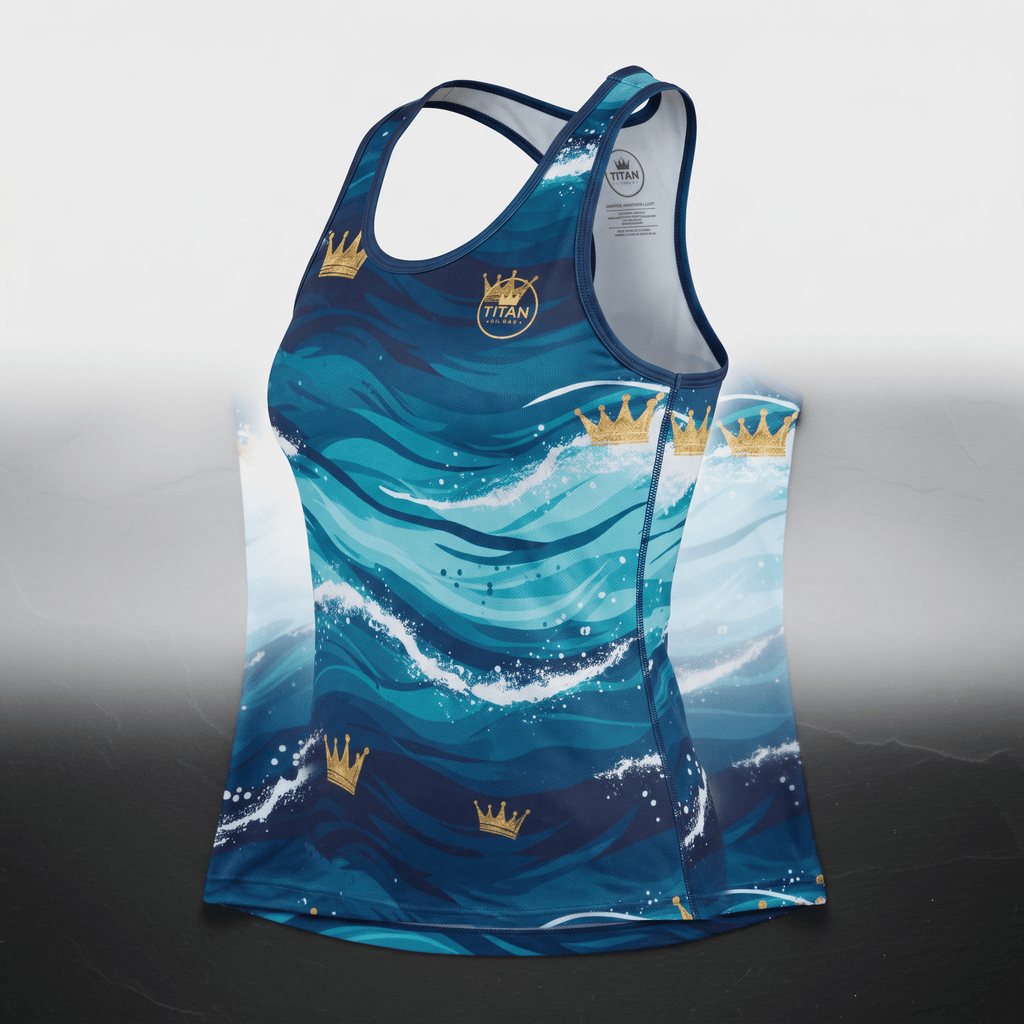 Blue racerback athletic tank top featuring ocean wave pattern and gold crown graphics.
