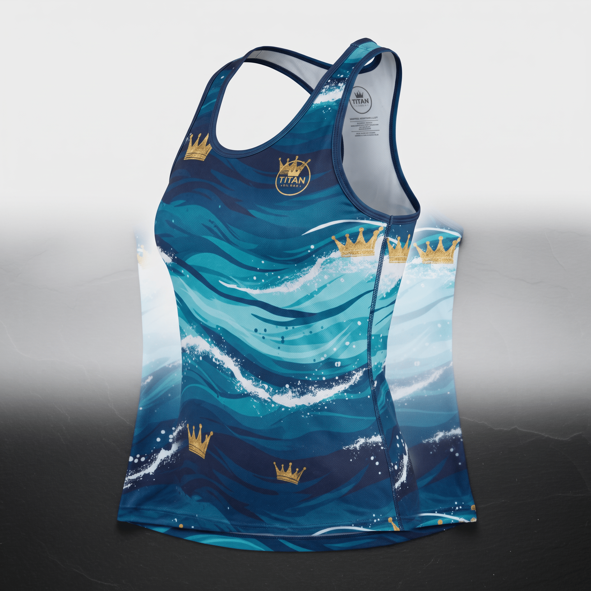 Blue racerback athletic tank top featuring ocean wave pattern and gold crown graphics.