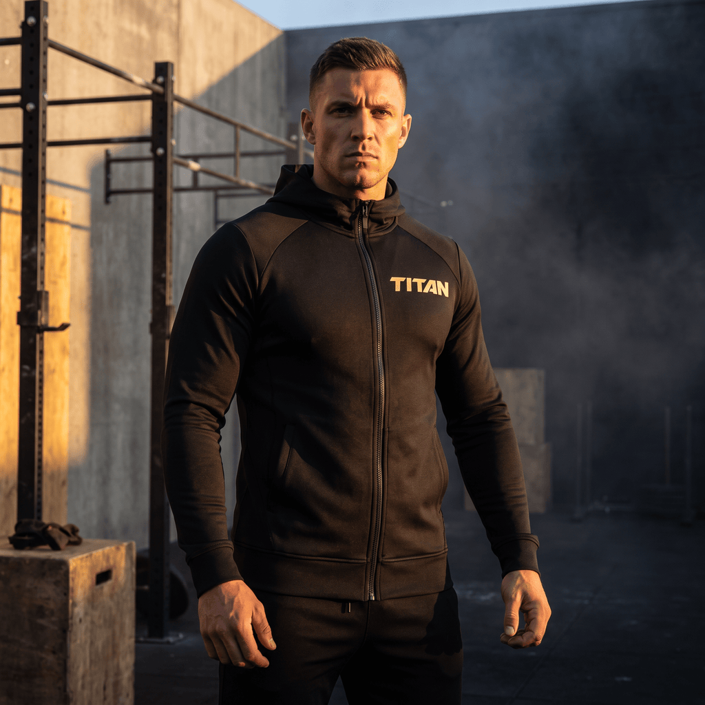 An athletic man stands in a gym wearing a black TITAN Performance Zip-Up Hoodie Premium with gold lettering.