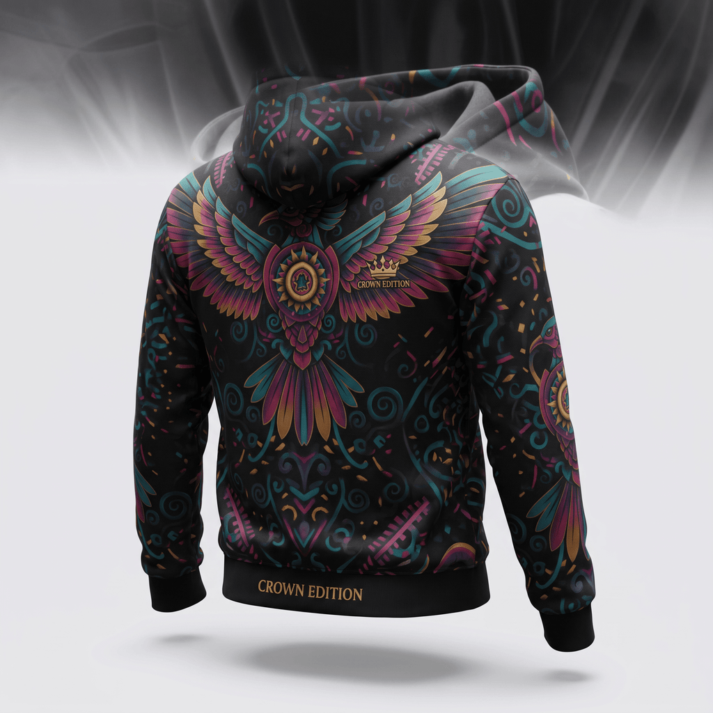 Black hoodie with vibrant teal, pink, and gold indigenous bird and floral print, shown from the back.