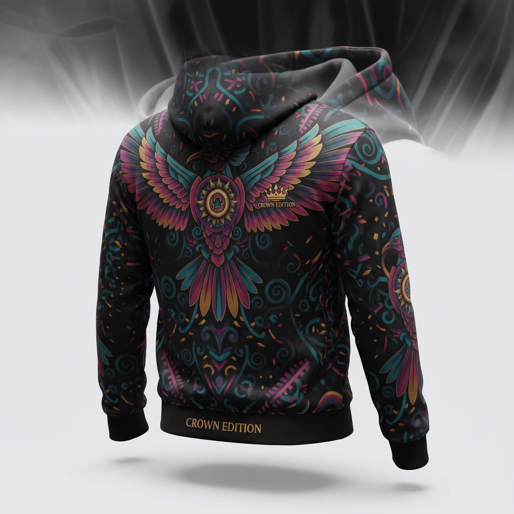 Black hoodie with vibrant teal, pink, and gold indigenous bird and floral print, shown from the back.