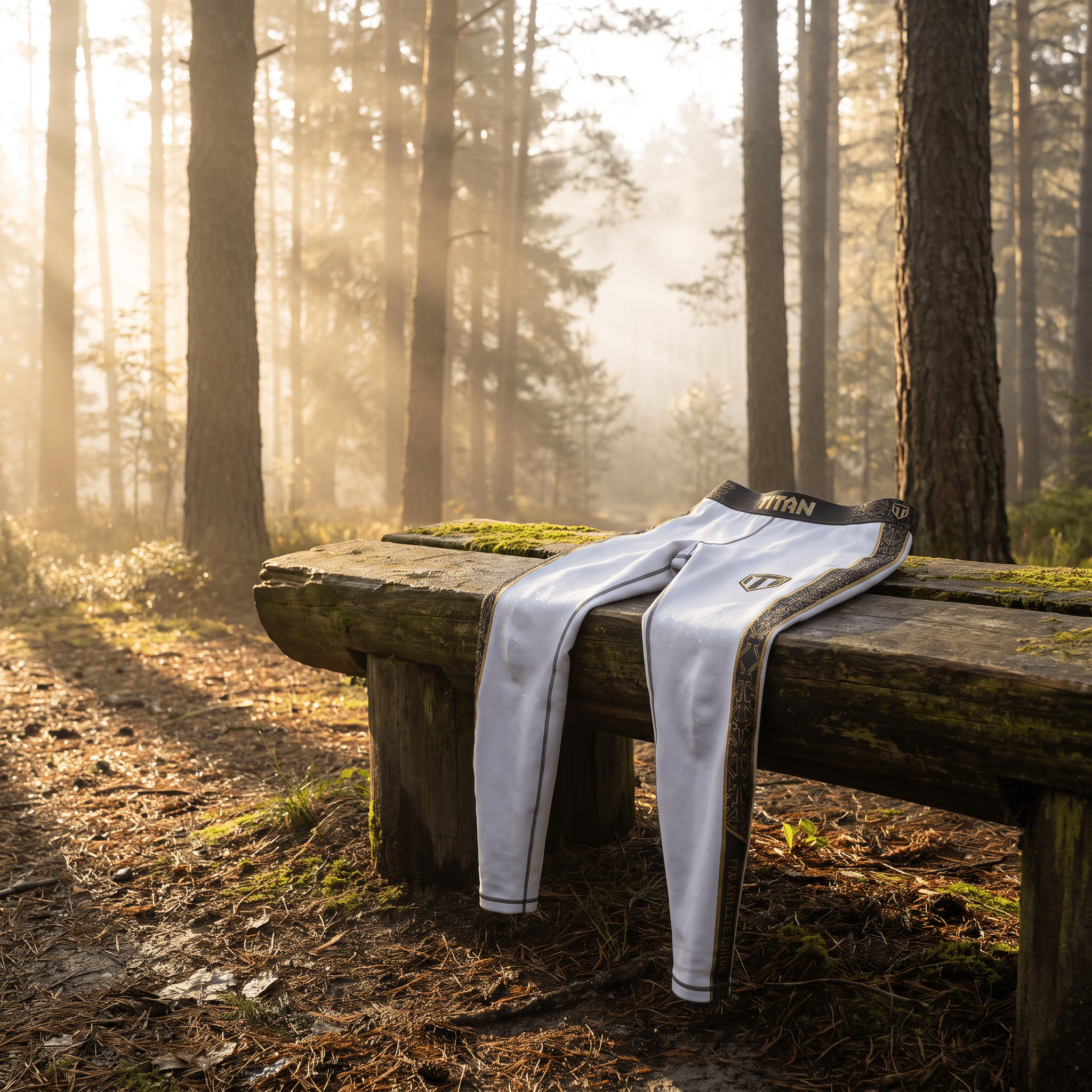 White athletic leggings with gold patterned side stripes and a "TITAN" branded waistband resting on a forest bench.