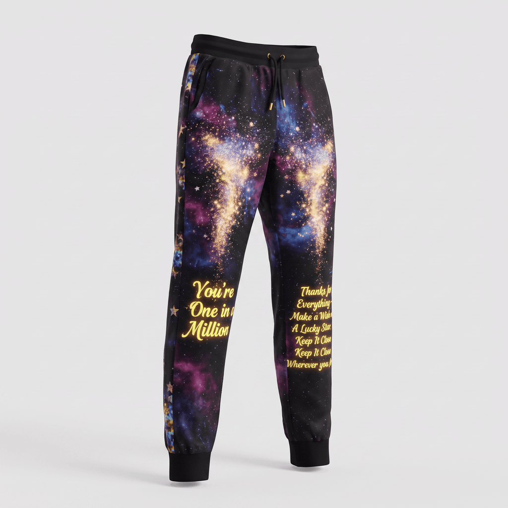 Black sweatpants featuring vibrant galaxy space print and yellow text on the legs.