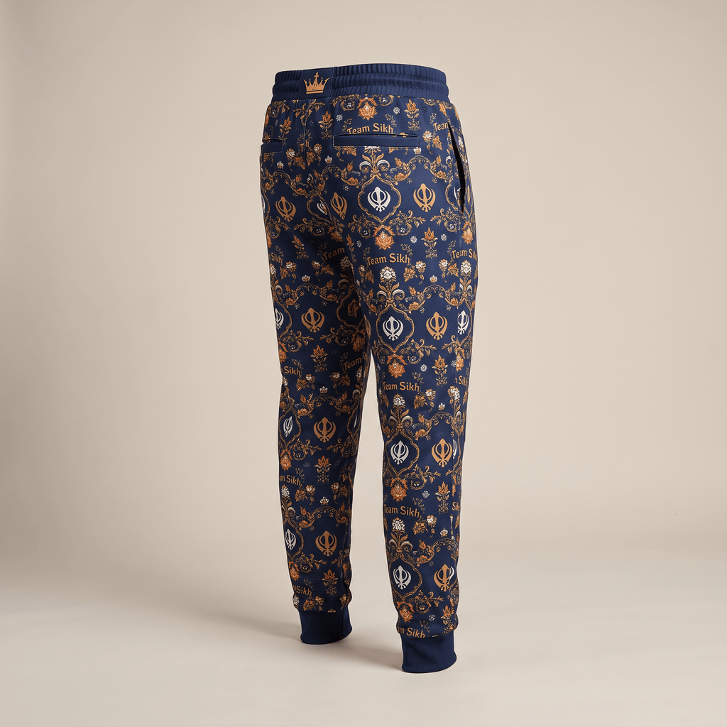 Back view of blue Team Sikh joggers featuring an intricate damask and Khanda symbol allover print.
