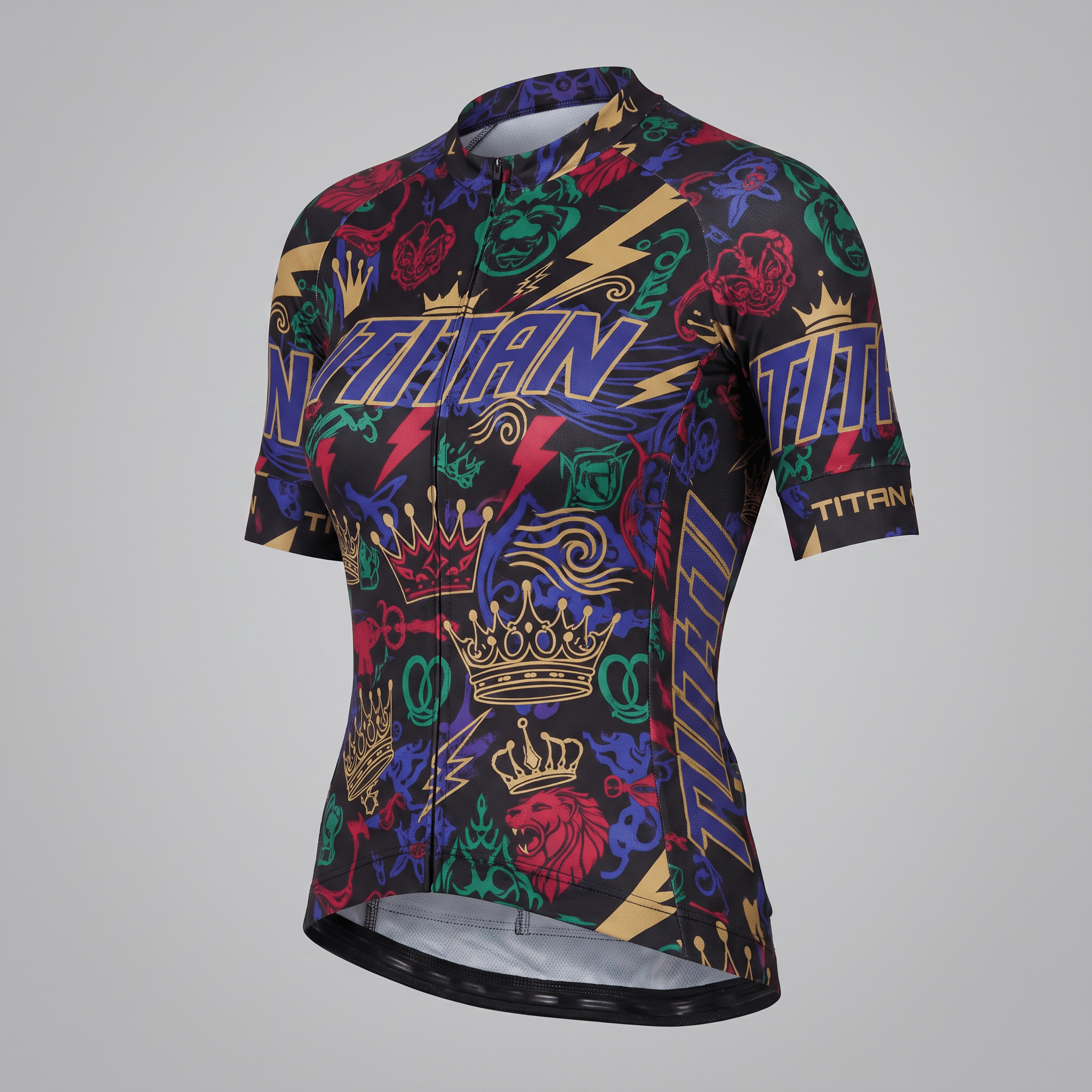 Black cycling jersey with colorful graffiti print, crowns, and Titan branding.