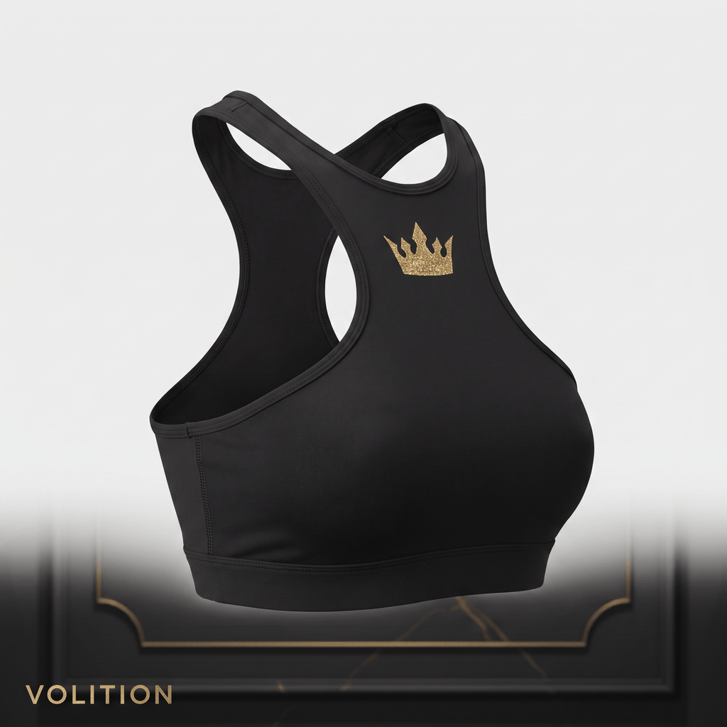Black sports bra with a high neckline, racerback style, and a gold glitter crown logo on the front.