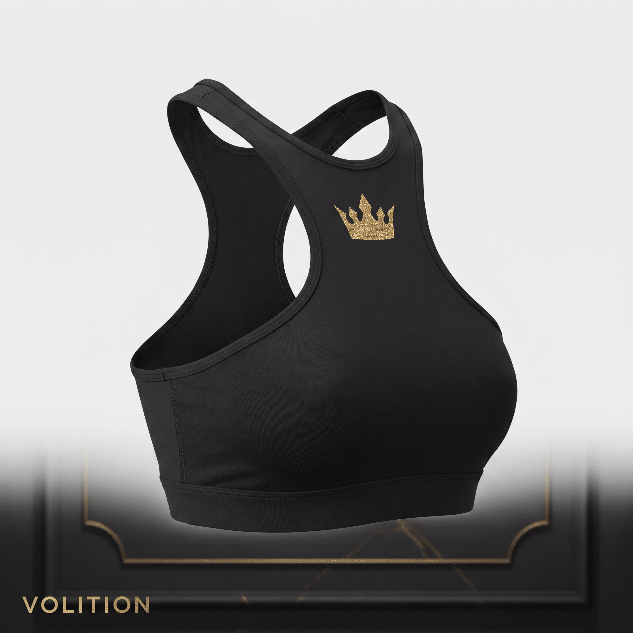 Black sports bra with a high neckline, racerback style, and a gold glitter crown logo on the front.