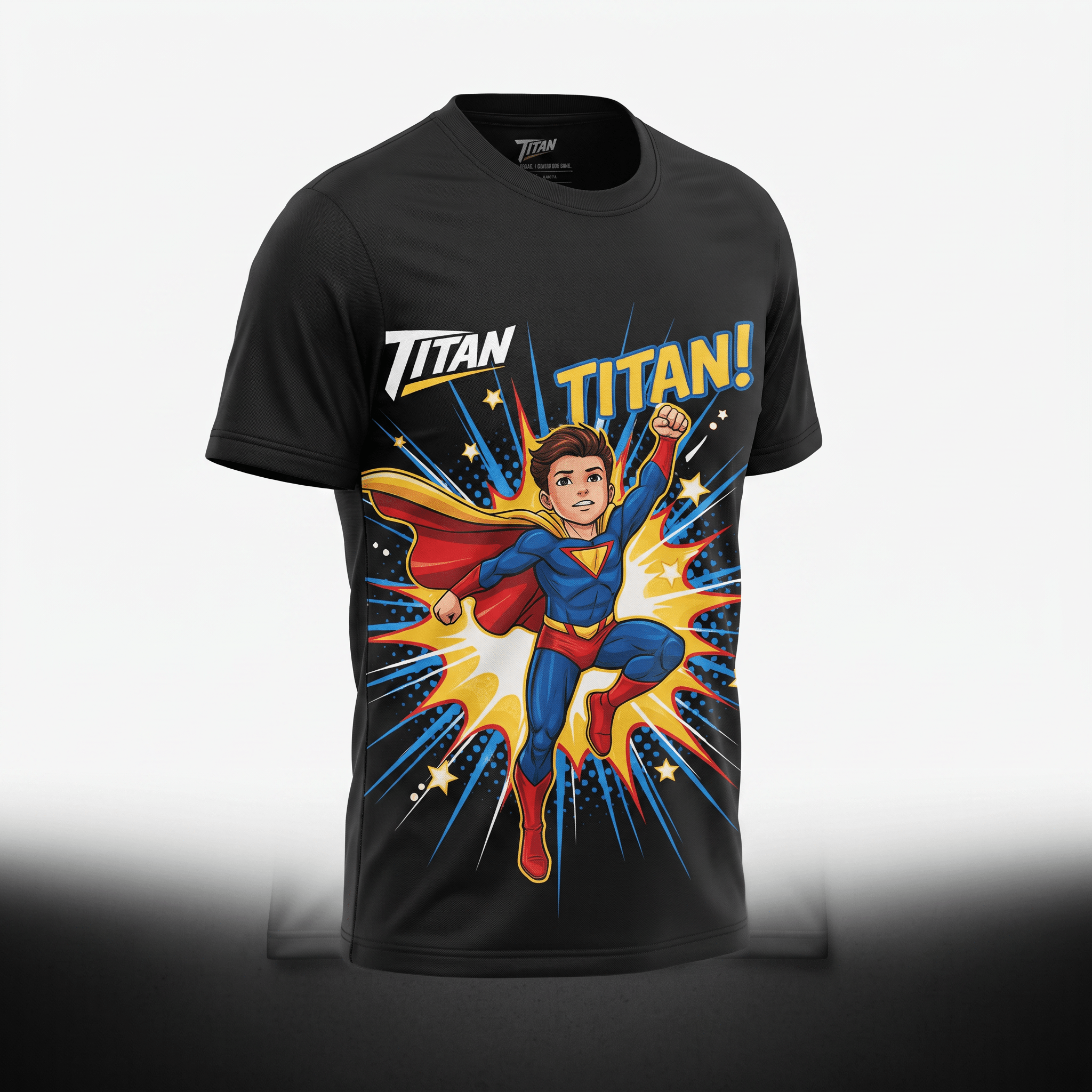 Black t-shirt with a comic-style superhero graphic of a boy flying with a cape and yellow text.
