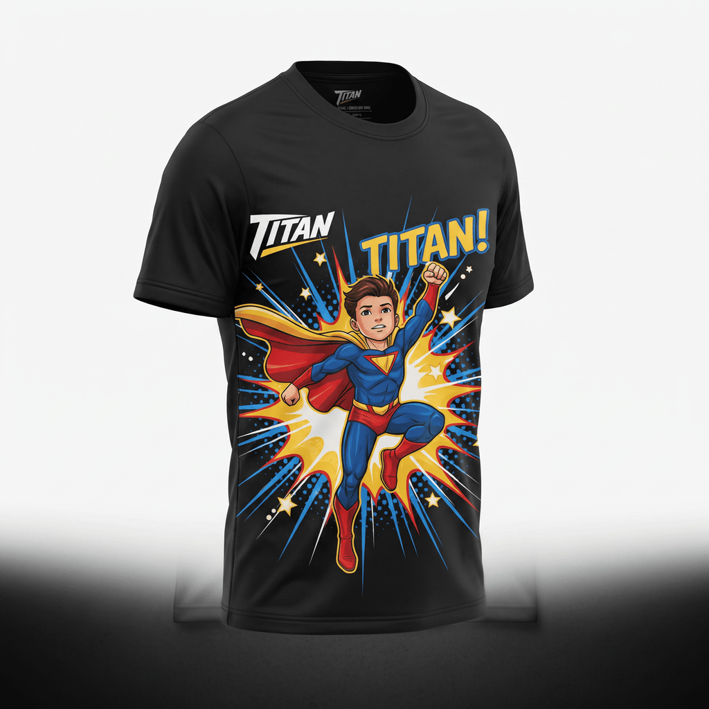 Black t-shirt featuring a cartoon boy superhero graphic with Titan text and comic book explosion art.