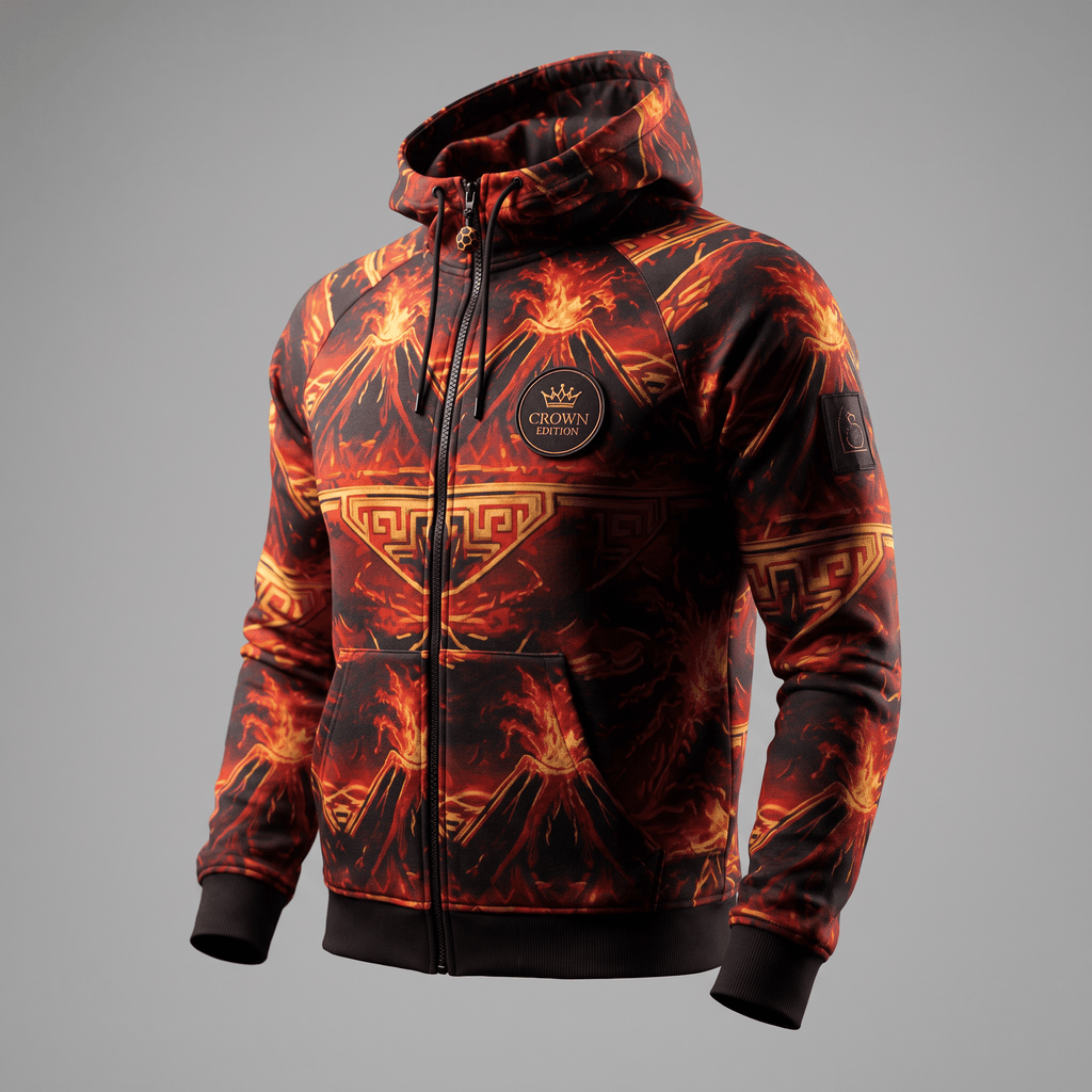 Red and orange zip-up hoodie featuring a volcanic fire graphic print, black cuffs, and a Crown Edition chest patch.