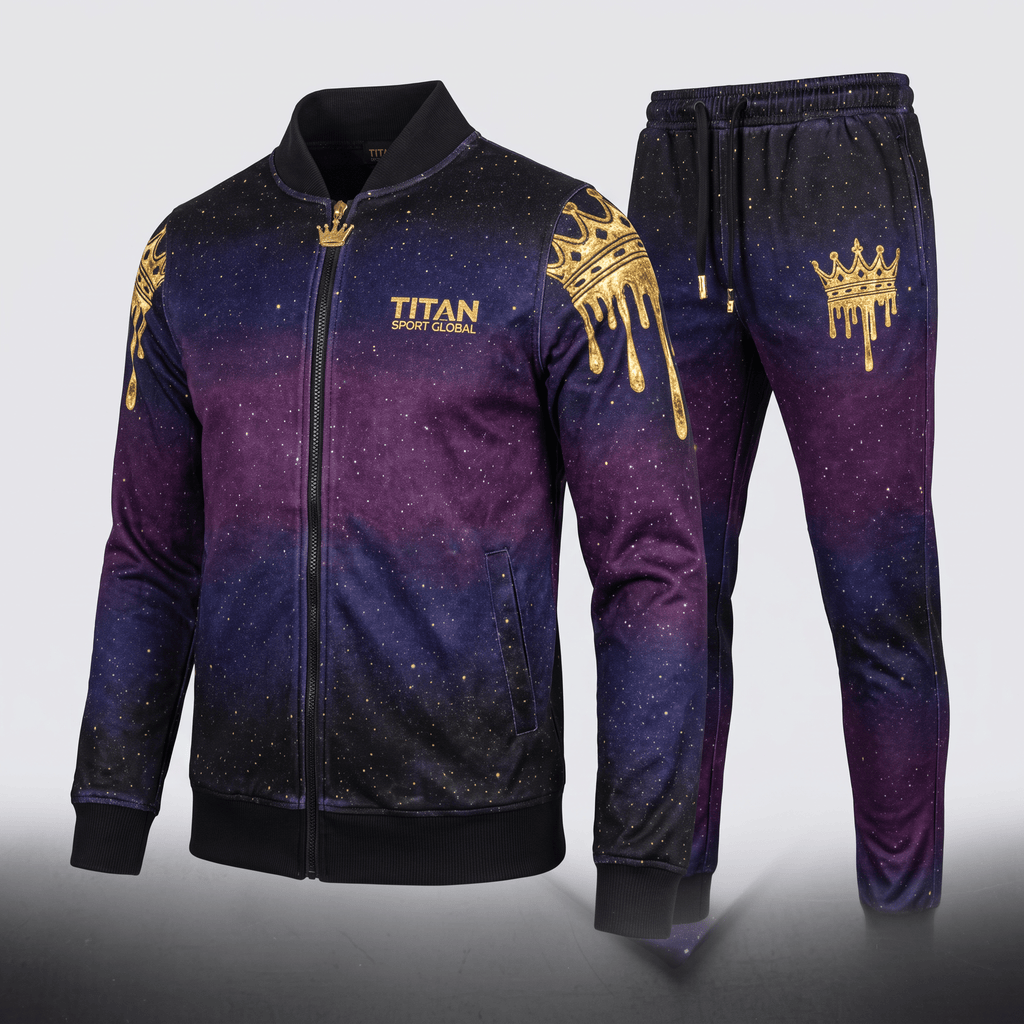 Titan Sport Global purple and black galaxy print tracksuit with gold crown and drip graphics.