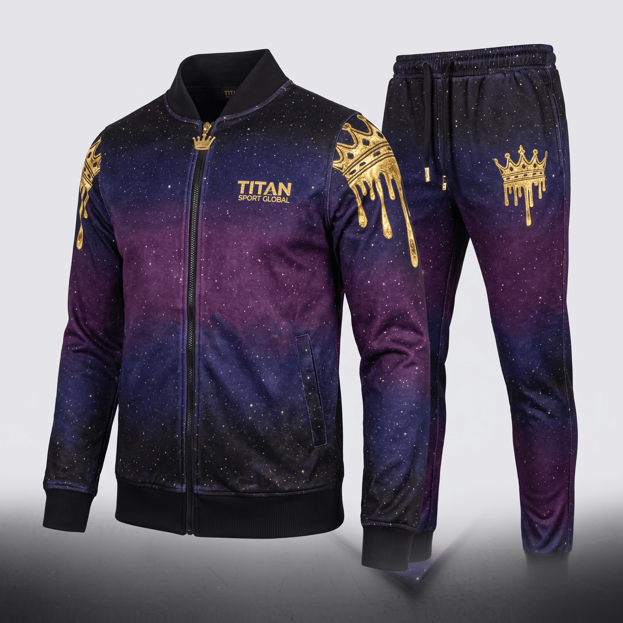Titan Sport Global purple and black galaxy print tracksuit with gold crown and drip graphics.