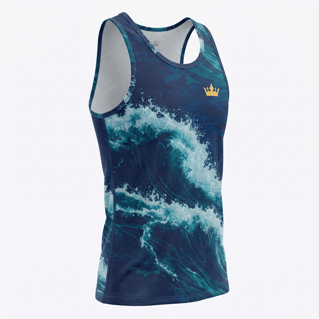 Blue athletic tank top featuring an ocean wave print and small gold crown logo on the chest.