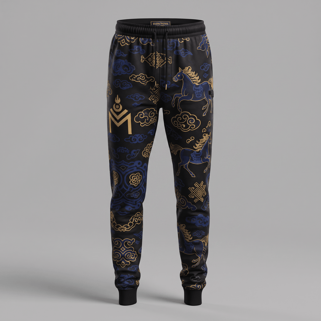 Black joggers with gold and blue horse and cloud patterns, featuring a drawstring waist.