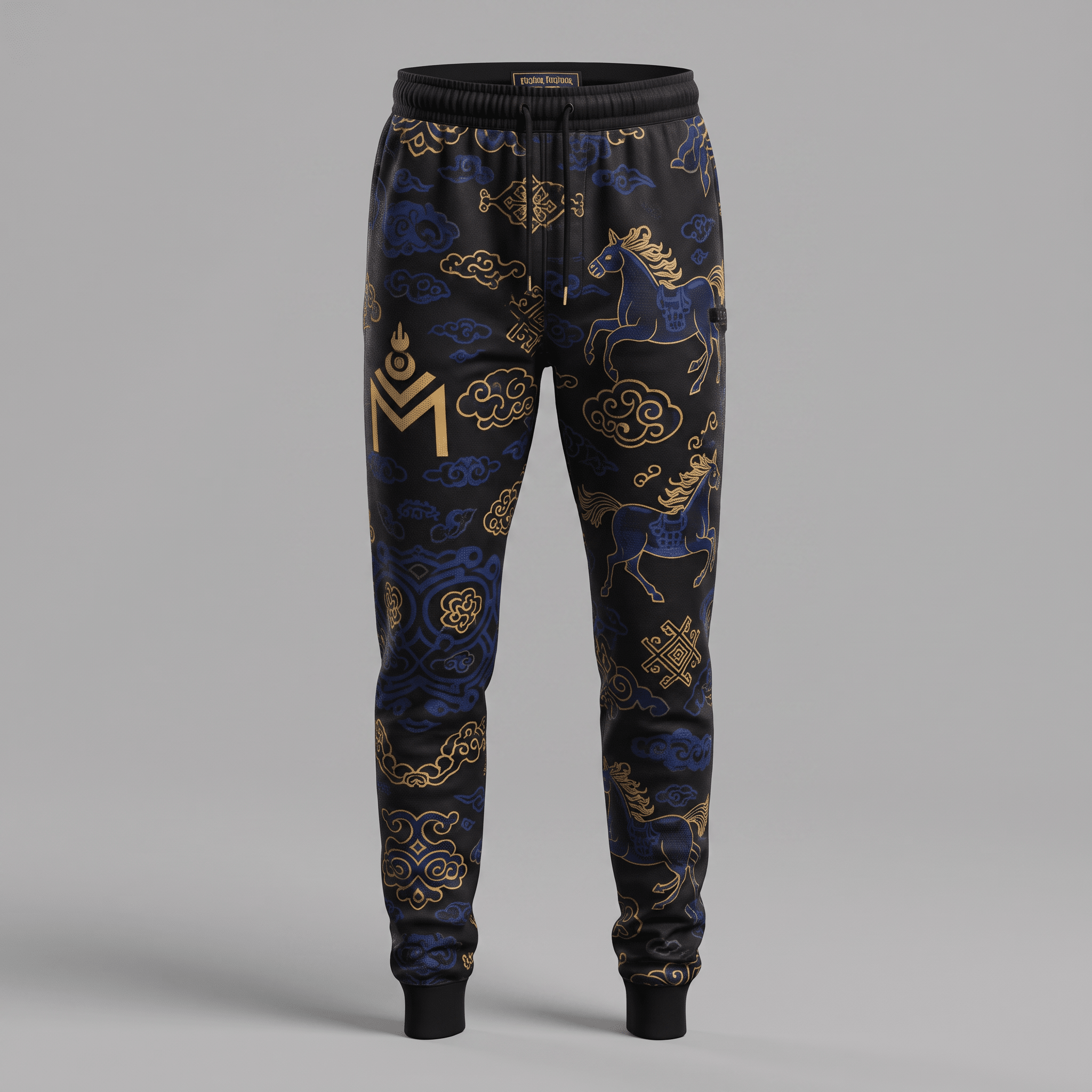 Black joggers with gold and blue horse and cloud patterns, featuring a drawstring waist.