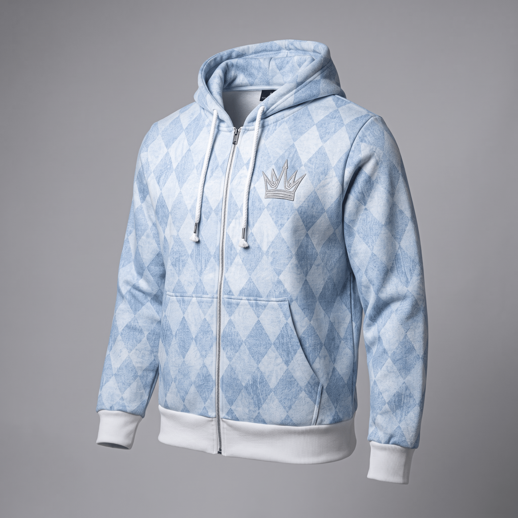 Light blue and white argyle zip-up hoodie with white drawstrings, ribbed cuffs, and an embroidered crown logo on the chest.