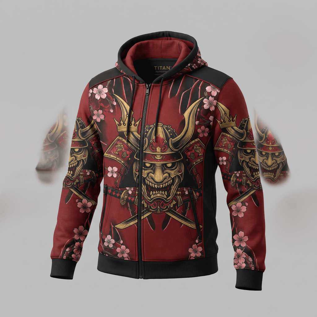 Red and black zip-up hoodie featuring a golden samurai mask, cherry blossoms, and katana sword graphic.