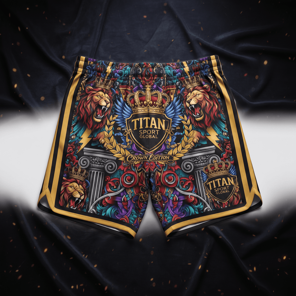 Titan Sport Global Crown Edition athletic shorts featuring ornate lion, crown, and baroque print.