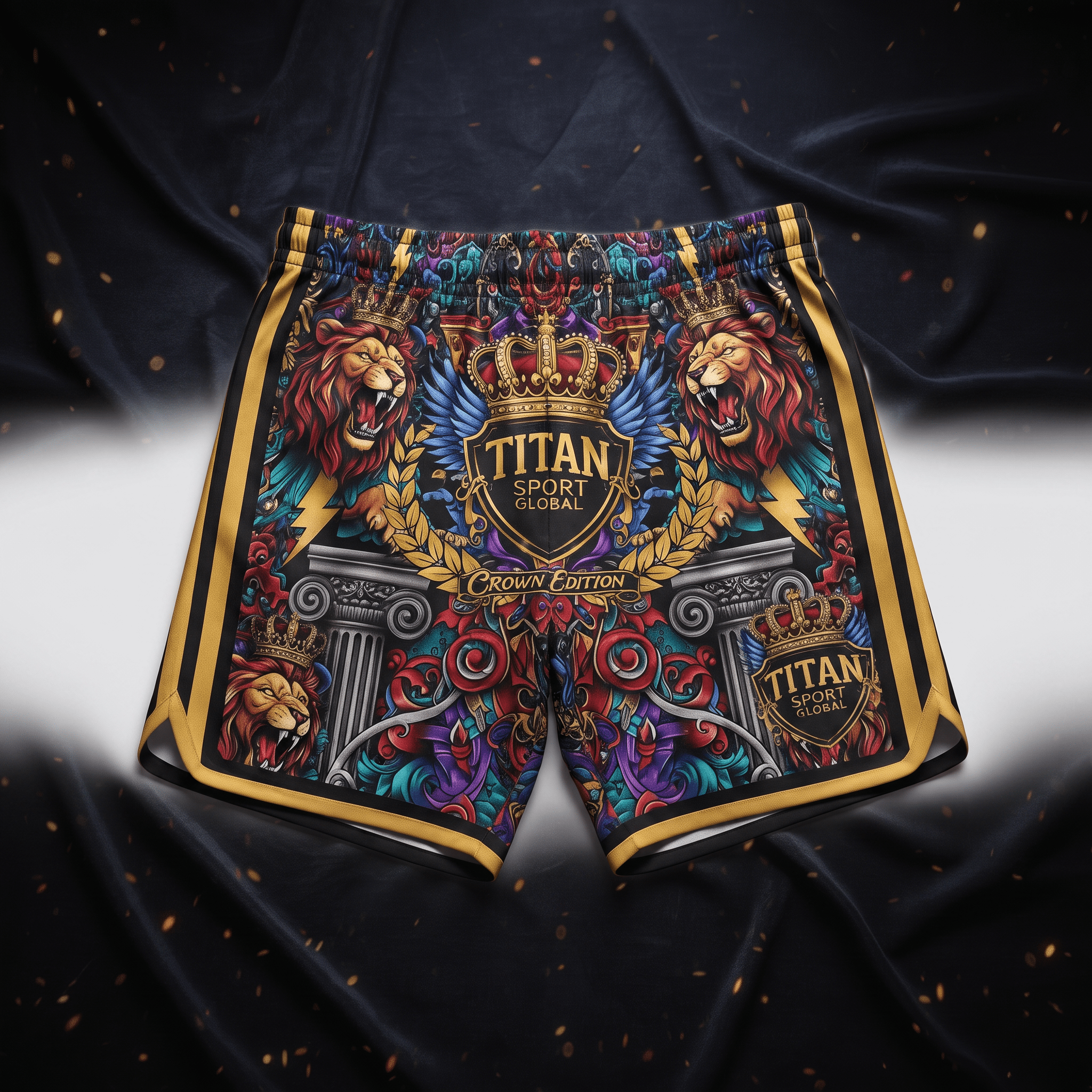 Multi-colored athletic shorts featuring ornate royal lion crest graphics and gold trim on dark background.