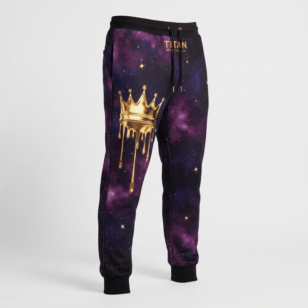 Black joggers featuring a purple galaxy print, gold crown graphic, and Titan Sport Global logo.