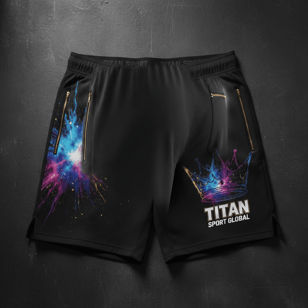 Black athletic shorts with blue and purple galaxy graphics, gold zippers, and Titan Sport Global branding.