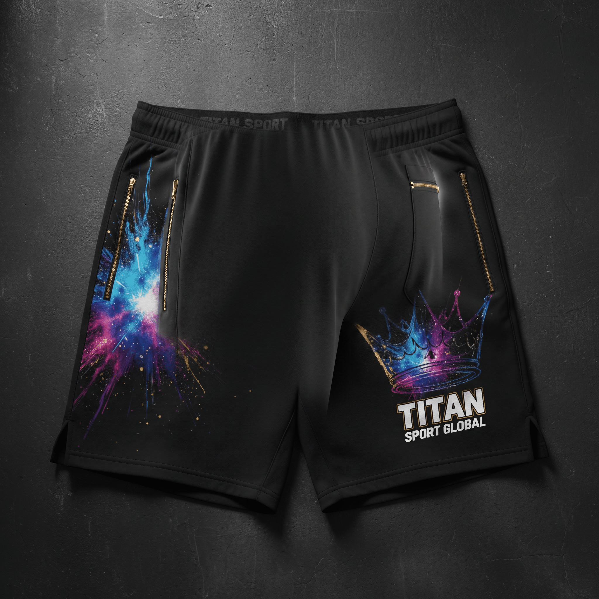 Black athletic shorts with blue and purple galaxy graphics, gold zippers, and Titan Sport Global branding.
