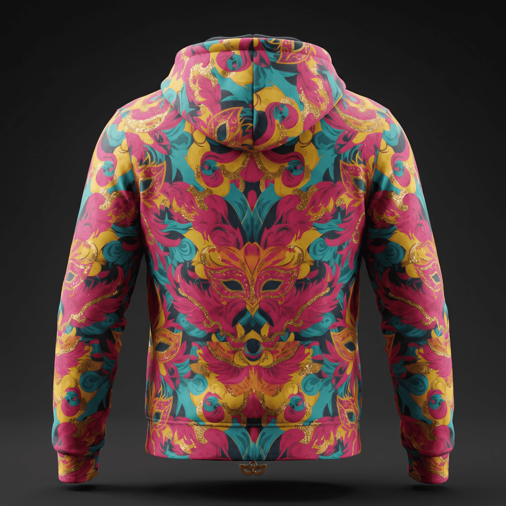 Back view of a hoodie with vibrant pink, yellow, and teal Venetian mask pattern.