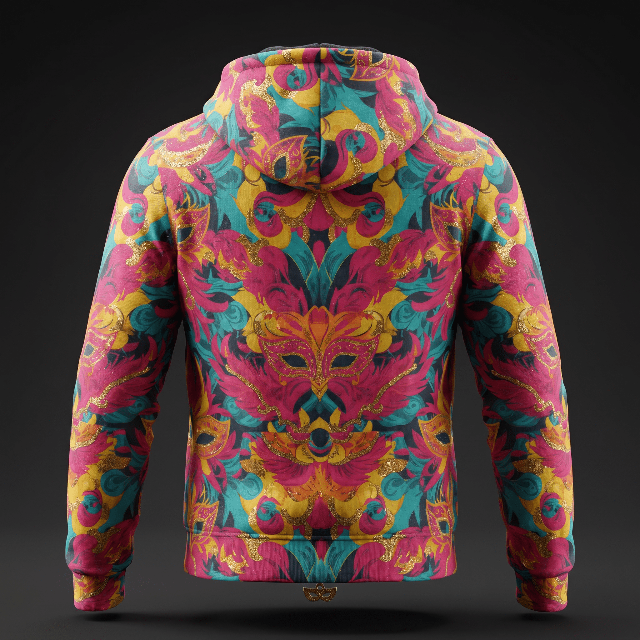 Back view of a hoodie with vibrant pink, yellow, and teal Venetian mask pattern.