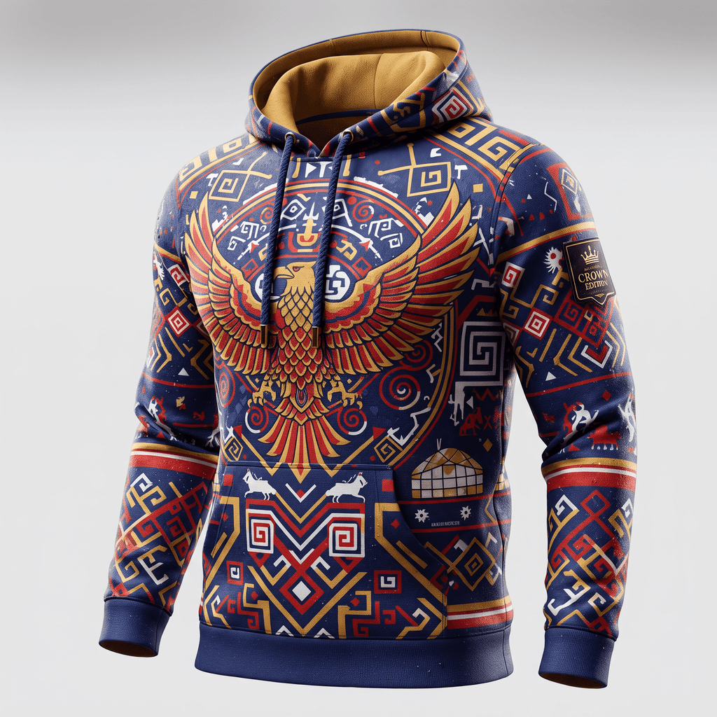 Blue hoodie with gold and red traditional eagle graphic, patterns, and yellow hood lining.