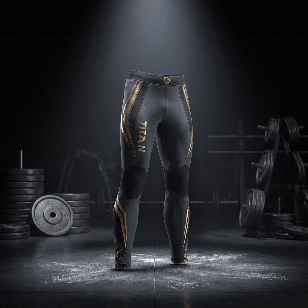 Charcoal grey compression leggings with gold geometric accents and "TITAN" branding, set against a gym background.