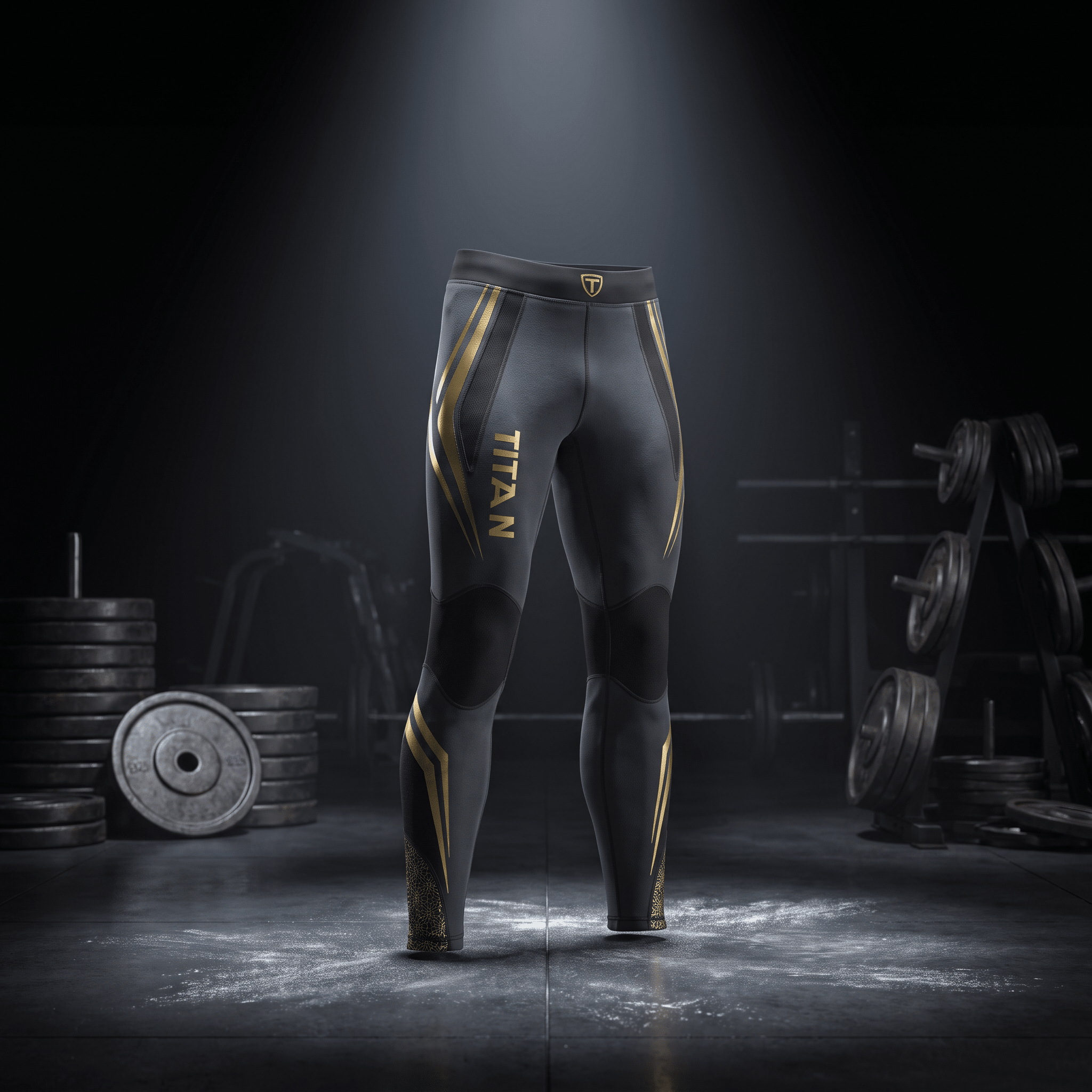 Charcoal grey compression leggings with gold geometric accents and "TITAN" branding, set against a gym background.