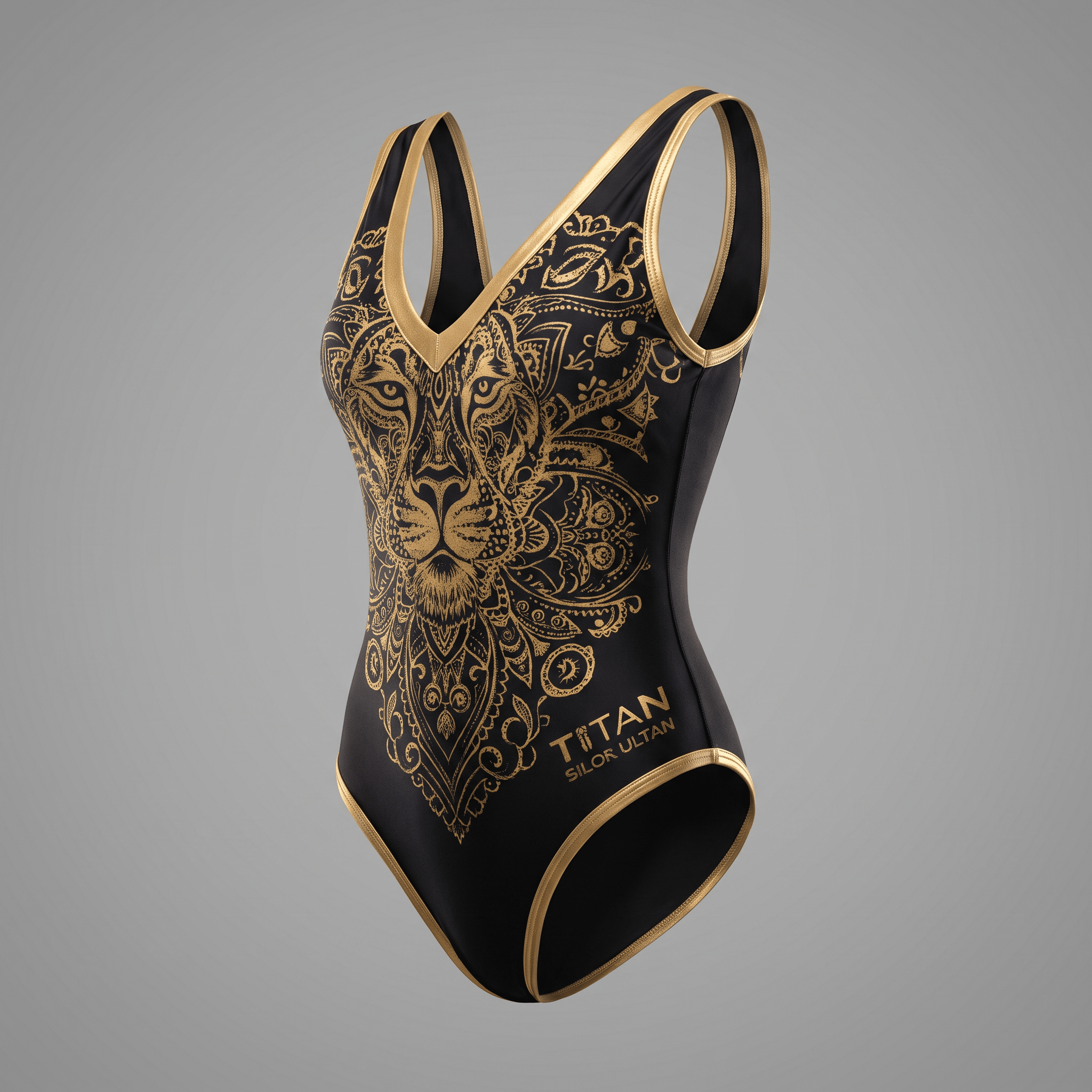 Black one-piece swimsuit with gold trim and ornate lion mandala graphic design.