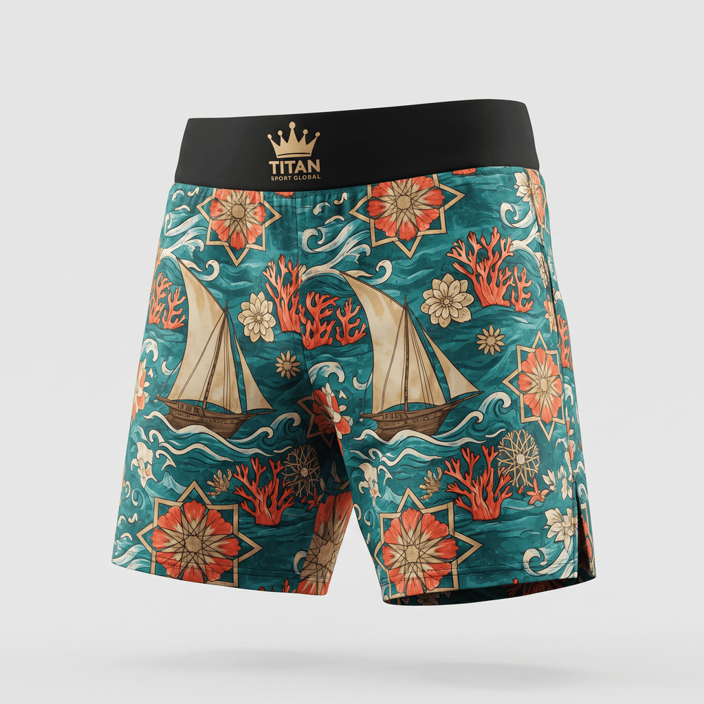 Teal boardshorts featuring an ocean print with sailboats, coral, and flowers, and a black waistband.
