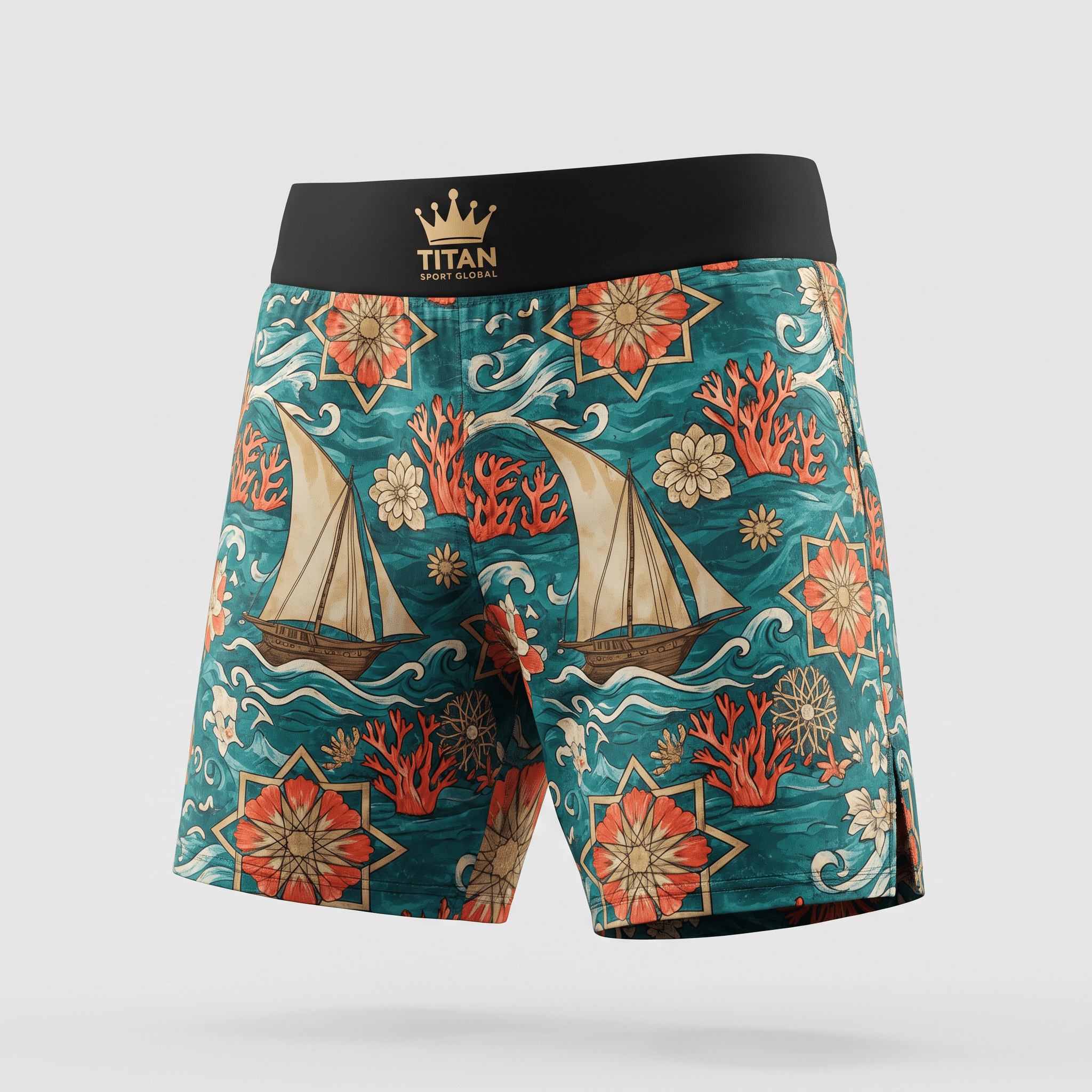 Teal boardshorts featuring an ocean print with sailboats, coral, and flowers, and a black waistband.