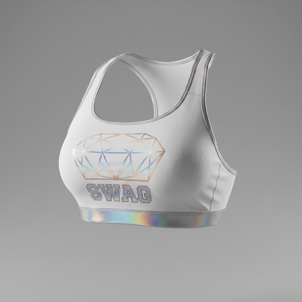 White sports bra with a holographic diamond graphic and SWAG text, featuring metallic trim and a supportive band.