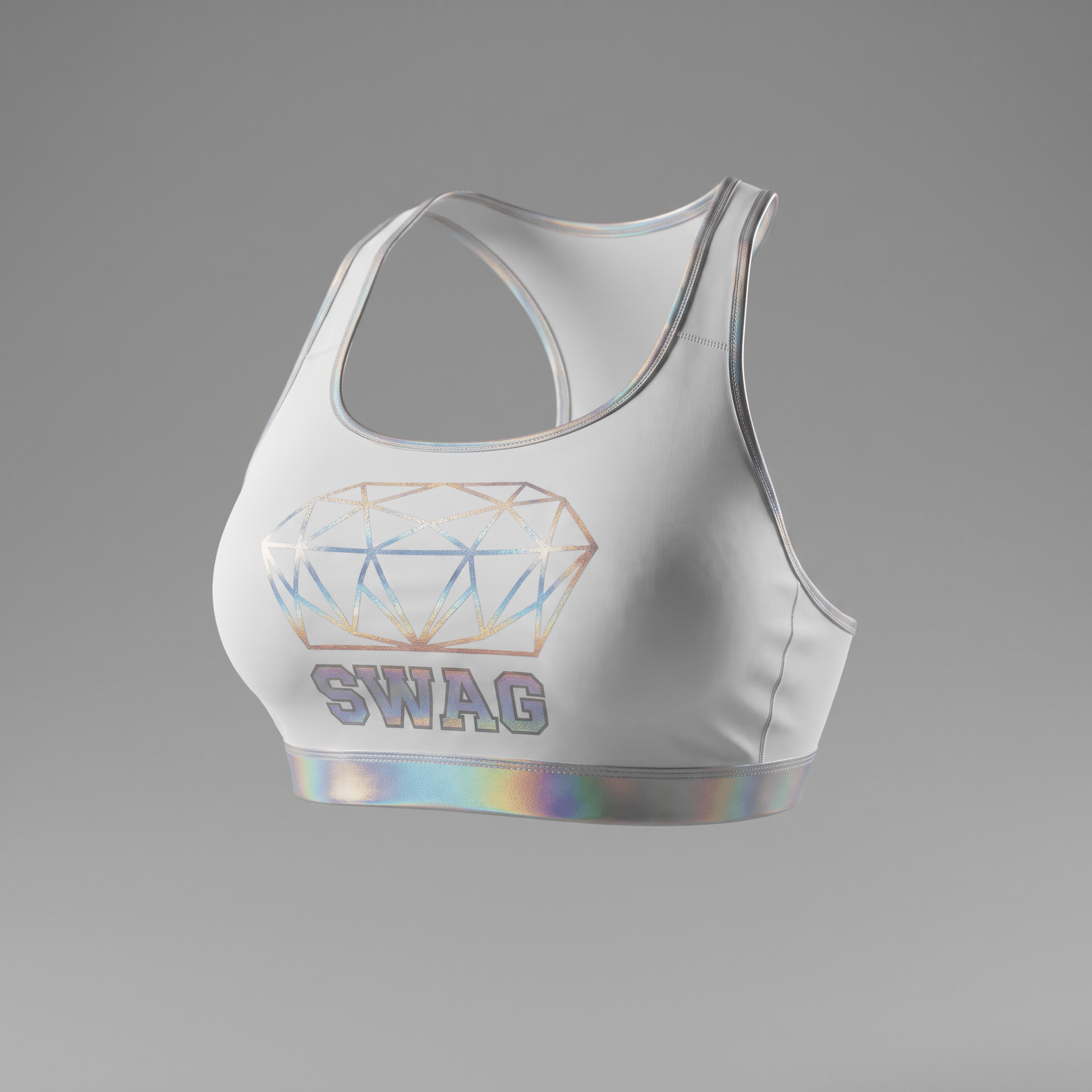 White sports bra with a holographic diamond graphic and SWAG text, featuring metallic trim and a supportive band.