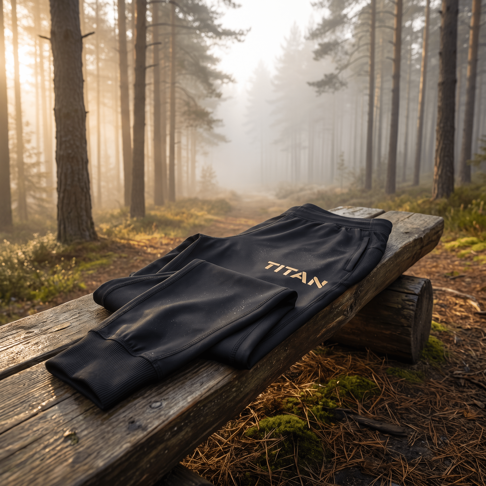 Black athletic joggers with "TITAN" gold branding on a wooden bench in a misty, sunlit pine forest.