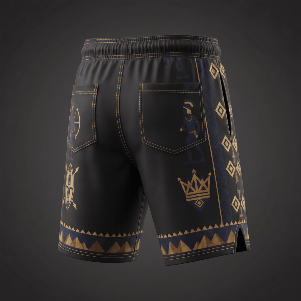 Black shorts with gold and blue Egyptian-themed graphics and rear pockets.
