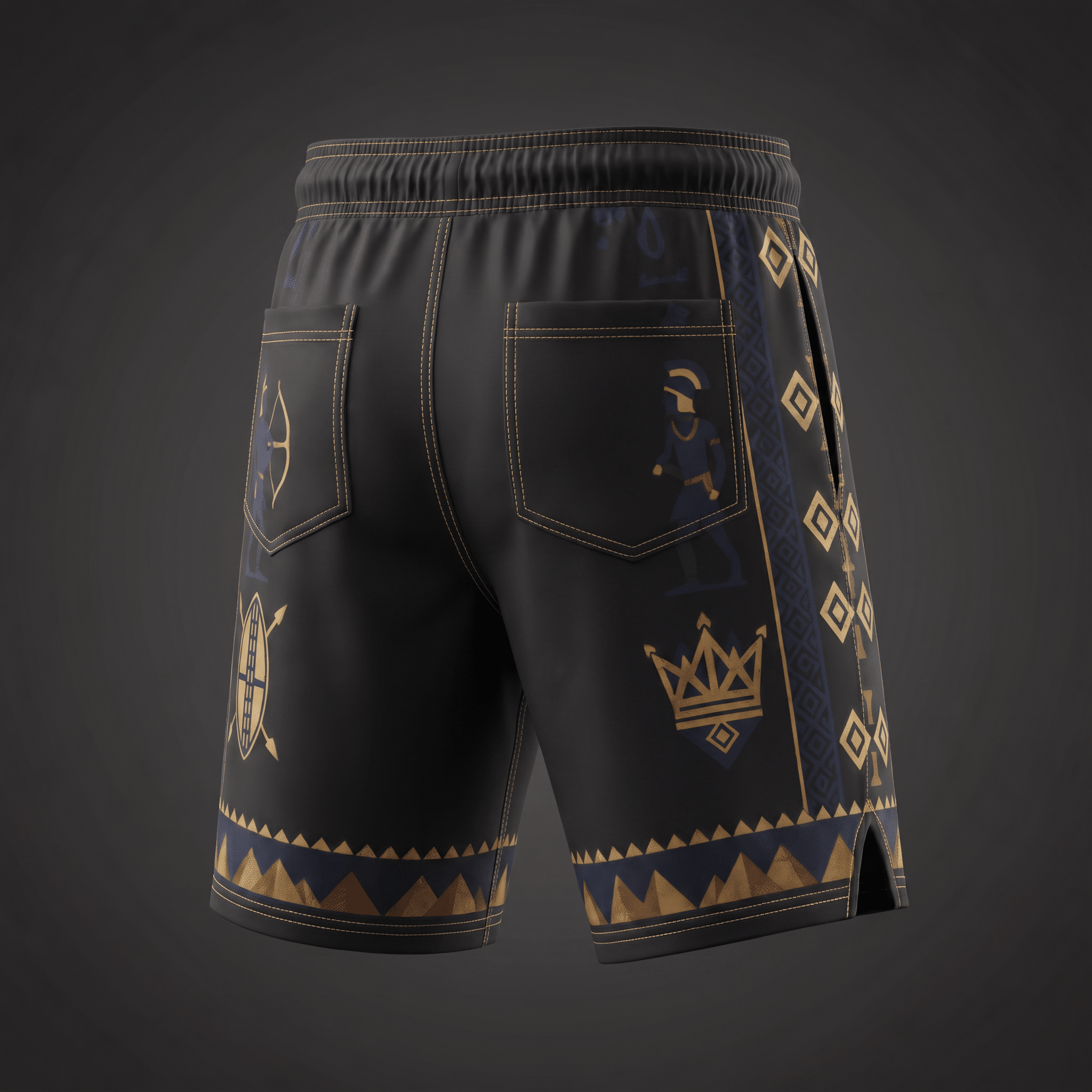 Black shorts with gold and blue Egyptian-themed graphics and rear pockets.