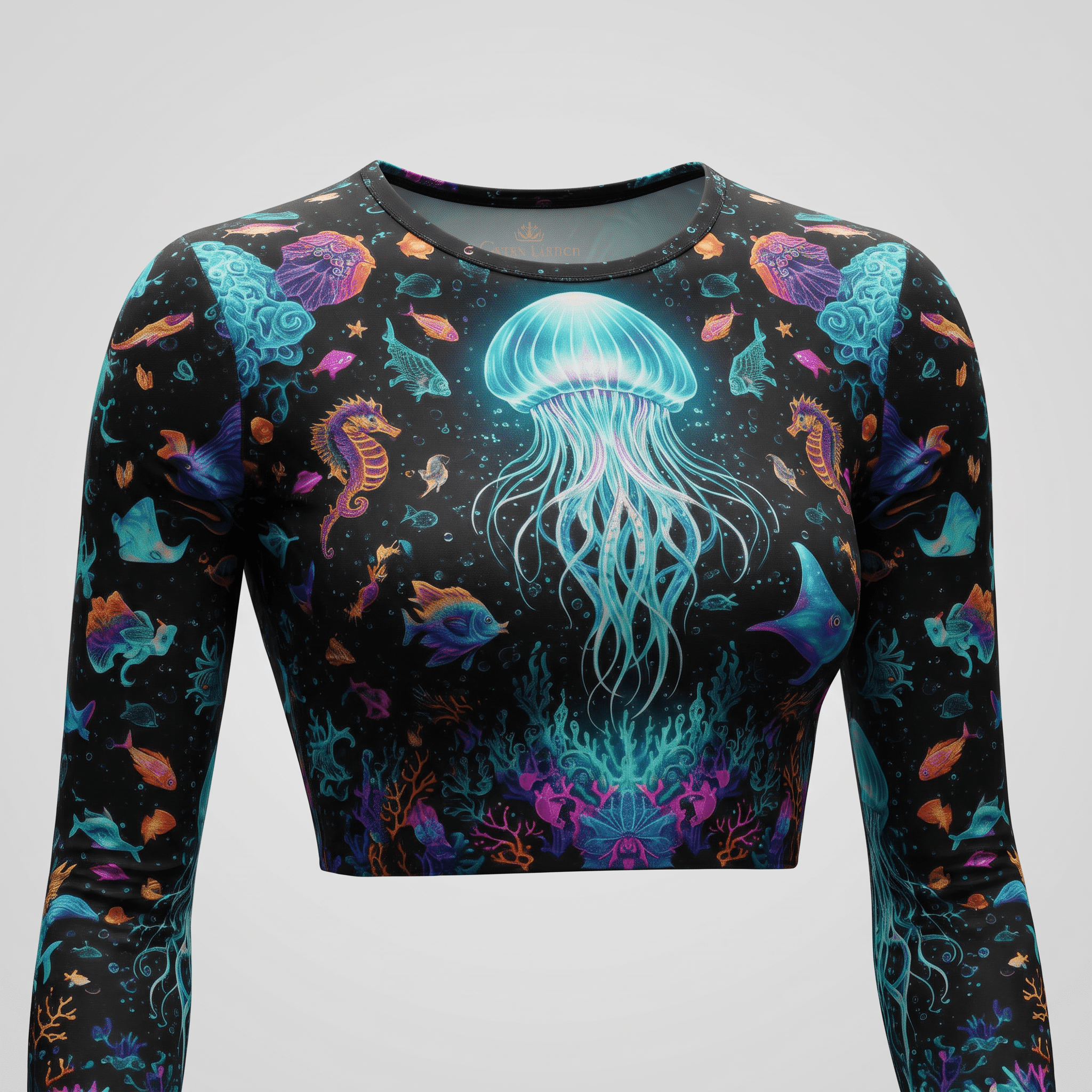Black long sleeve crop top featuring vibrant neon jellyfish, seahorses, and ocean life print.