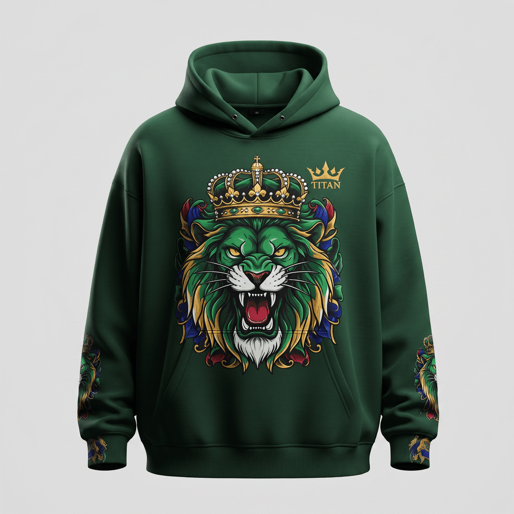 Dark green hoodie with a graphic of a roaring lion wearing a crown on the front and sleeves.