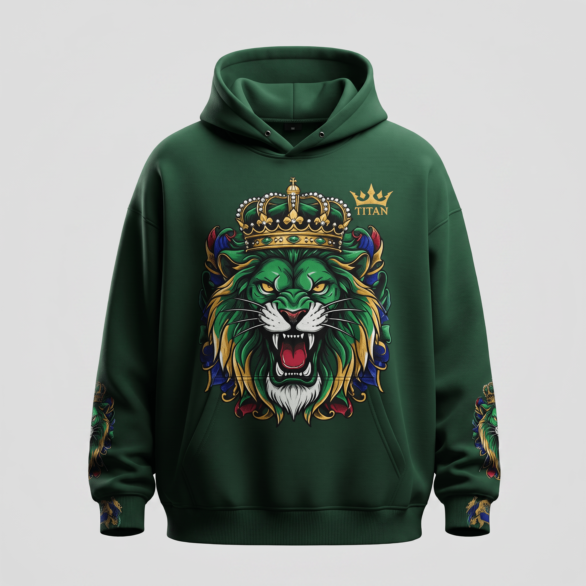 Dark green hoodie with a graphic of a roaring lion wearing a crown on the front and sleeves.