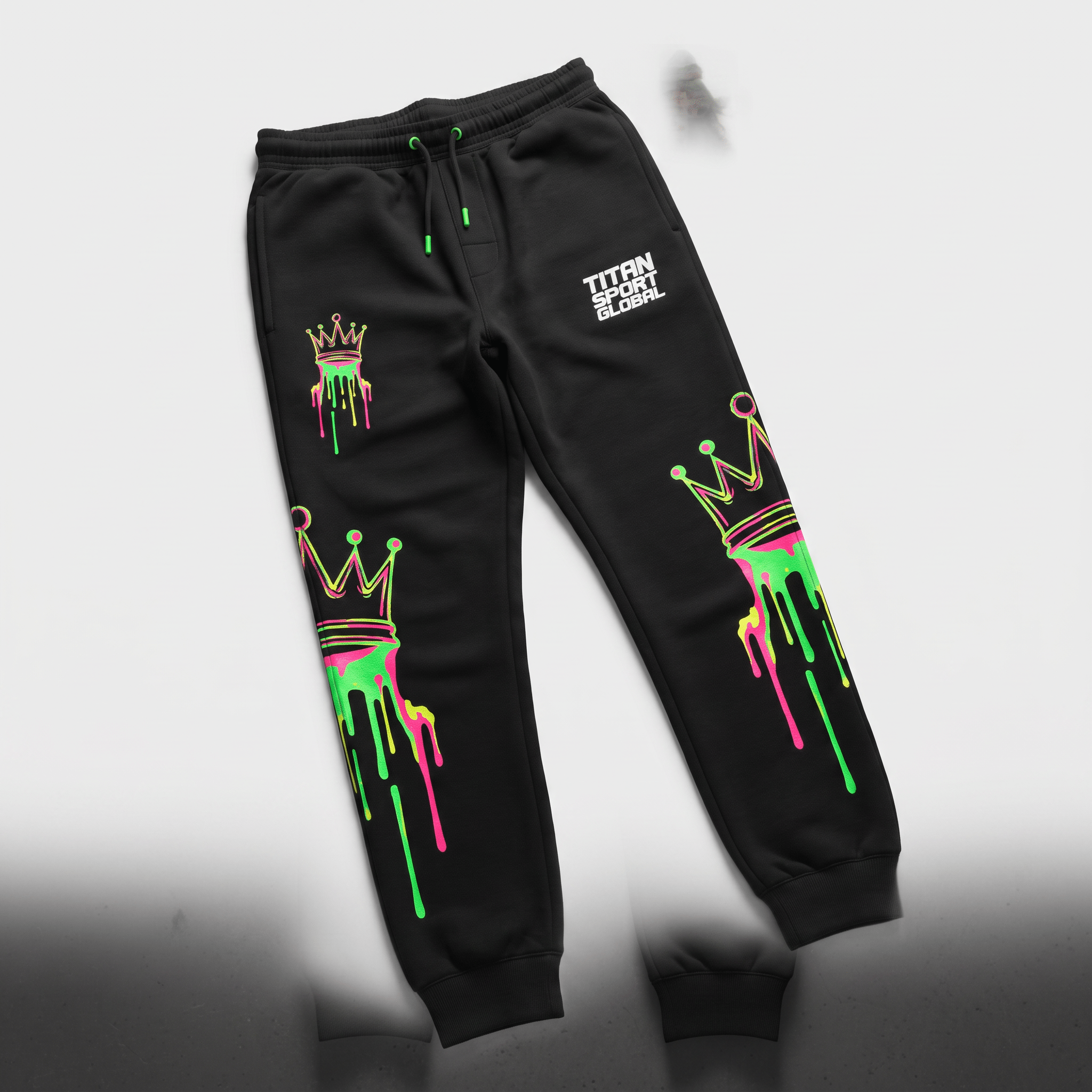 Black sweatpants with neon green and pink dripping crown graphics and Titan Sport Global logo.