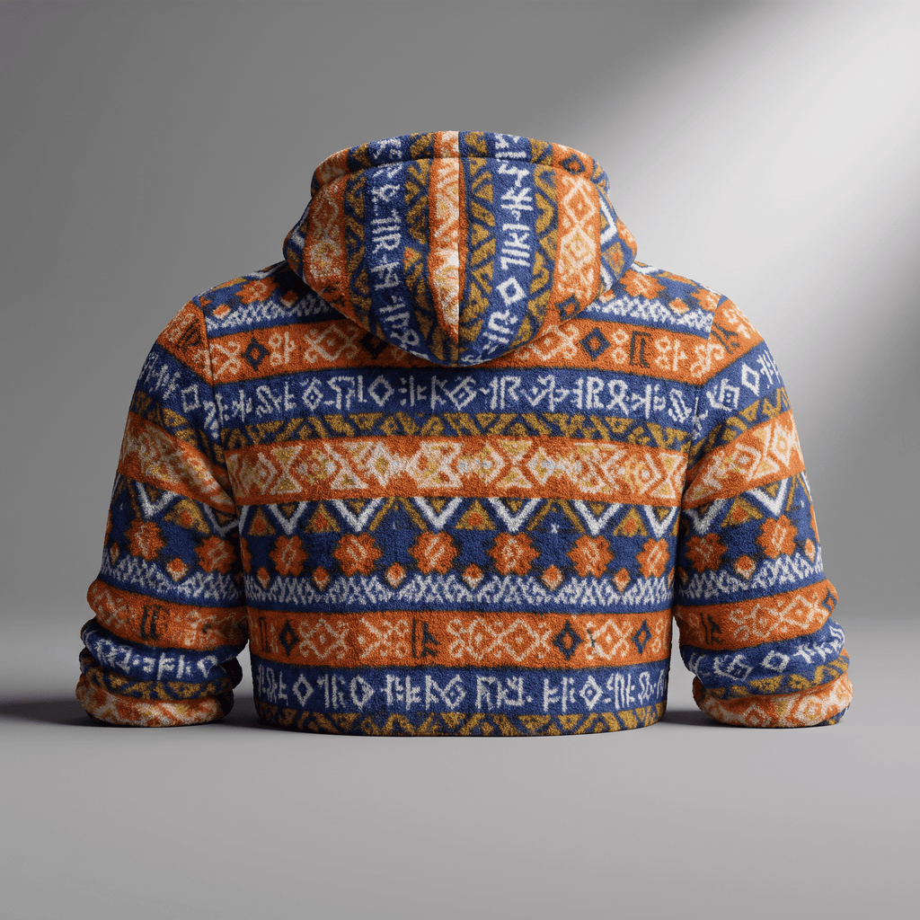 Back view of a cozy blue, orange, and white patterned fleece hoodie with geometric Aztec symbols.
