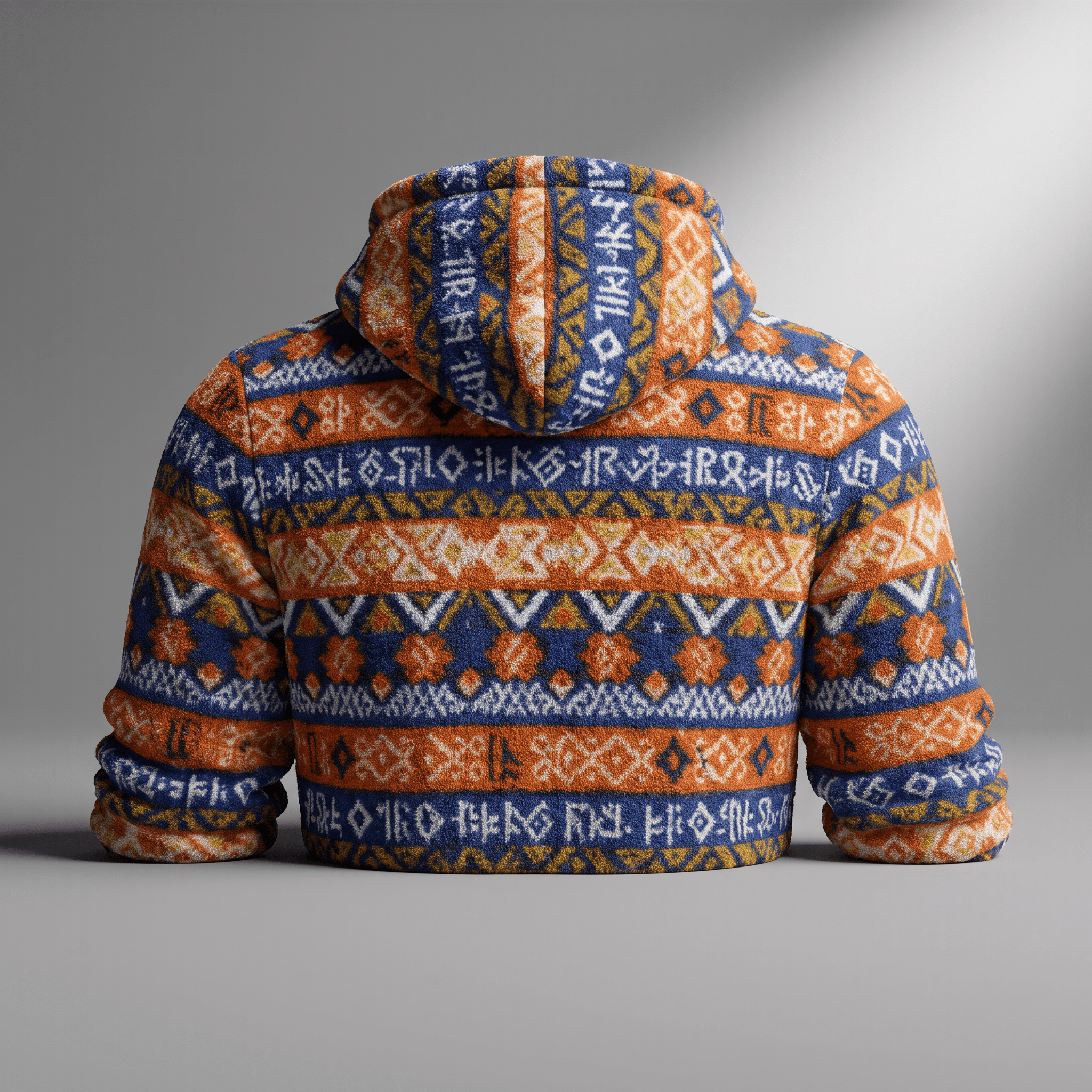 Back view of a cozy blue, orange, and white patterned fleece hoodie with geometric Aztec symbols.