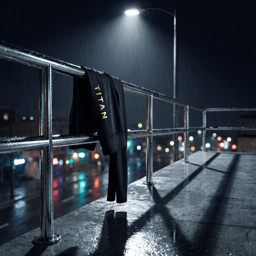 Black athletic leggings with gold "TITAN" logo hanging on a wet metal railing during a rainy night.