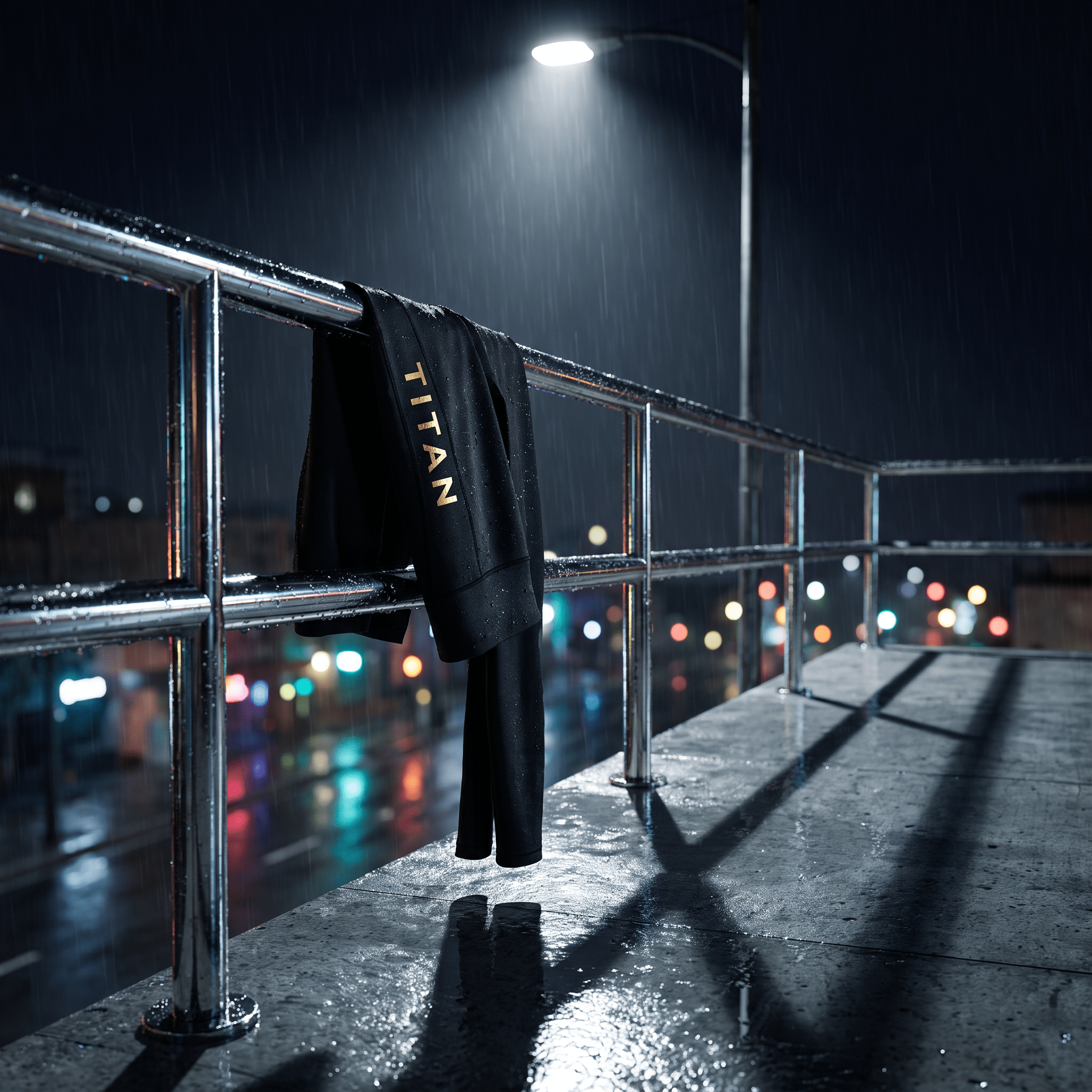 Black athletic leggings with gold "TITAN" logo hanging on a wet metal railing during a rainy night.