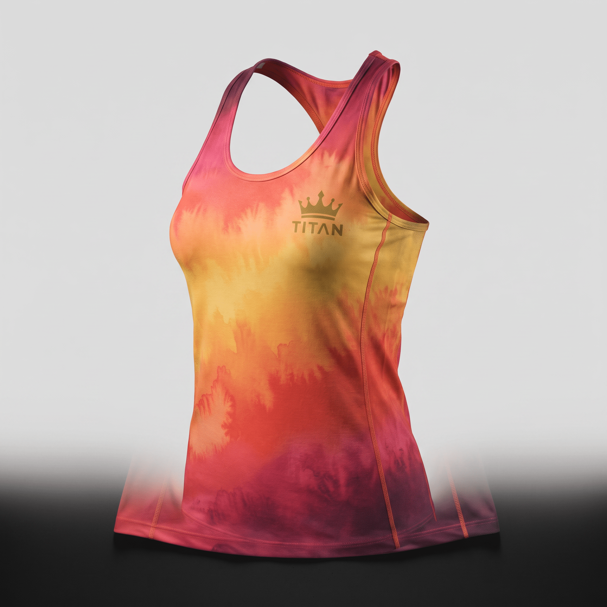 Sunset gradient tie-dye racerback tank top with Titan crown logo on chest.