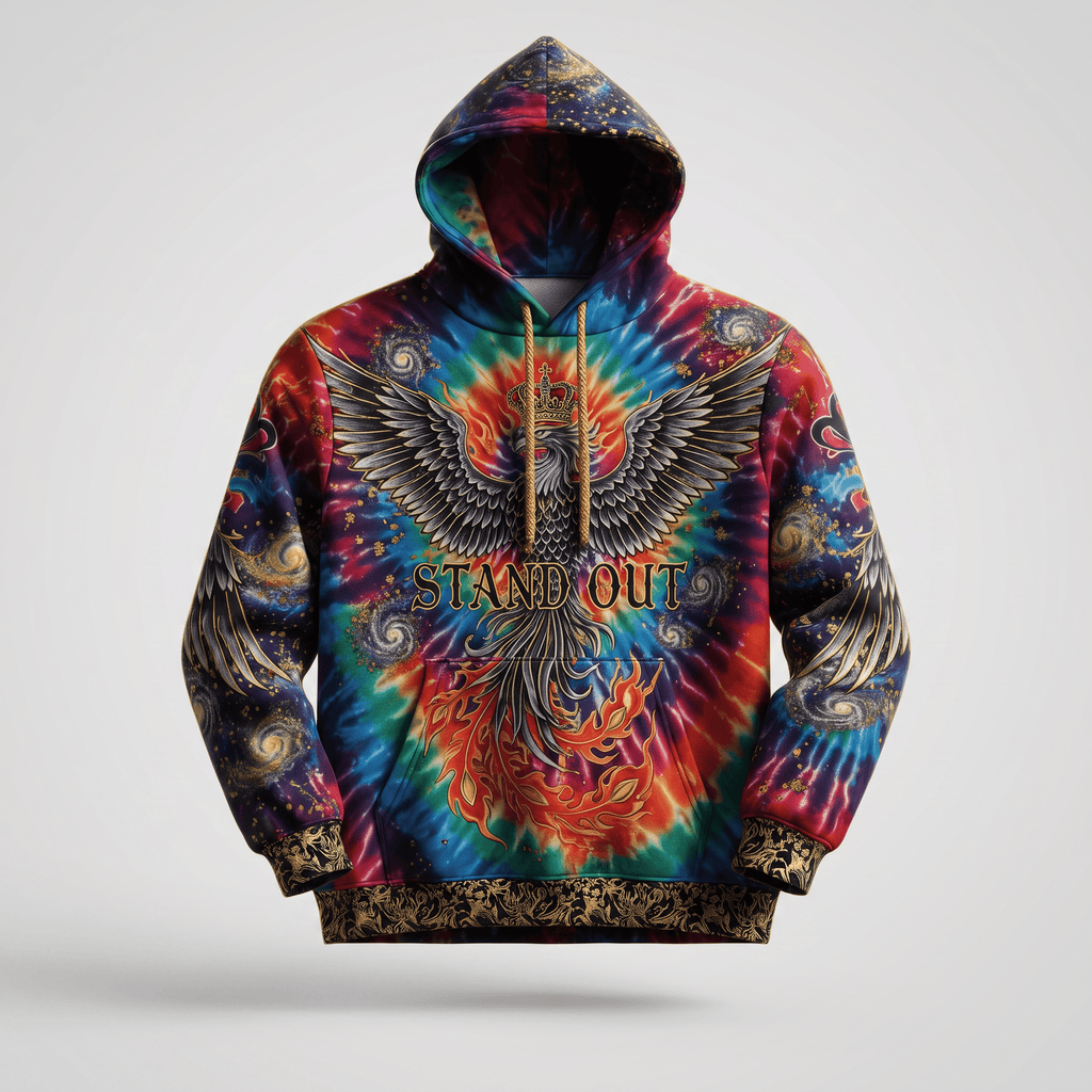 Multicolor tie-dye hoodie featuring a crowned phoenix graphic with wings and the text stand out.